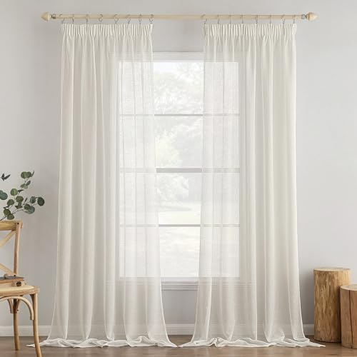 MIULEE 2er Set Voile Vorhang Sheer Vorhang mit kräuselband Transparente Leinenoptik Gardinen Wohnzimmer Modern Fensterschal Schlafzimmer 140x245cm (B x H) Elfenbeinweiß