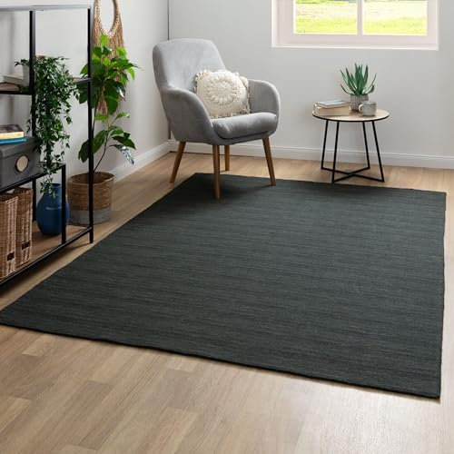 Steffensmeier Handweb Teppich Kelim Delhi | 100% Schurwolle in der Nutzschicht, Anthrazit, handgewebt, Größe: 140x200 cm Wohnzimmer und Schlafzimmer