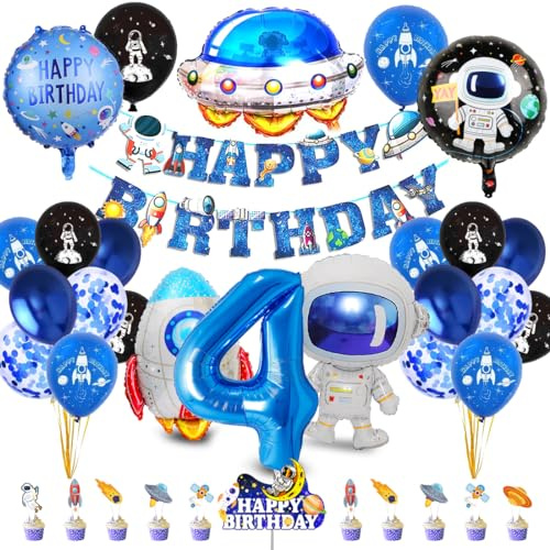 Weltraum Kindergeburtstag Deko, Geburtstagsdeko 4 Jahre Junge, Weltall Deko Geburtstag 4, Astronaut Folienballon, Luftballon Rakete, Tortendeko Weltraum für 4 Jahre Kinder Geburtstag Party