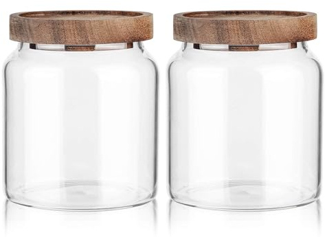 Labina Vorratsgläser Glas mit Holzdeckel, 2x600ml Glasbehälter Töpfe | Weithals Aufbewahrungsglas mit Lids, Luftdicht Aufbewahrungsglas mit Deckel für Zucker, Kekse, Spaghetti