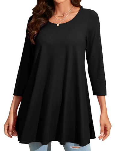 Enmain Nero Tunica Manica Lunga Donna Magliette 3/4 Maniche Lunghe Bluse Elegante Stampata Casual Maglietta Collo Rotondo T-Shirt M