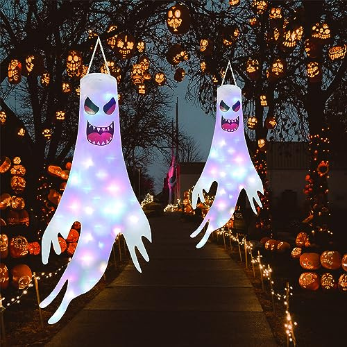 Qedertek Halloween Deko Outdoor - 2 Stück 120cm Halloween Geister Windsäcke mit Bunt Lichterkette, Ghost Windsack Flagge Halloween Hängende Dekoration für Innen Außen Garten Horror Mottoparty