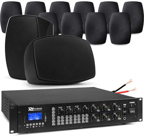Power Dynamics BHW40BL 12x 4” Black Multi Zone Matrix PA System, IPX5 Weatherproof Commercial Outdoor Speaker Set with Bluetooth, Warehouse & Background Music Audio
