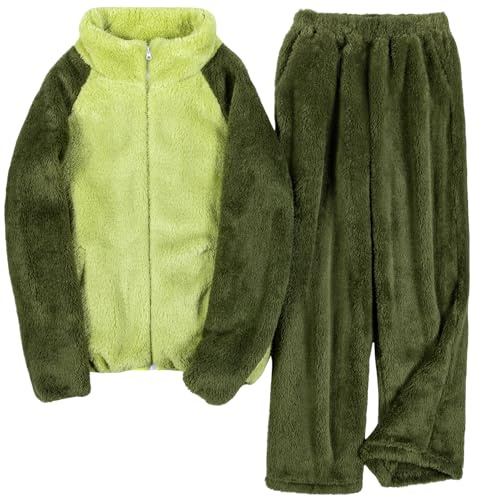 Tuopuda Pigiama Donna Lungo Invernale - Tuta Completa in Felpa Pile, Pullover e Pantaloni, Maglione Top Elegante Set Homewear Regalo, Verde Avocado, S