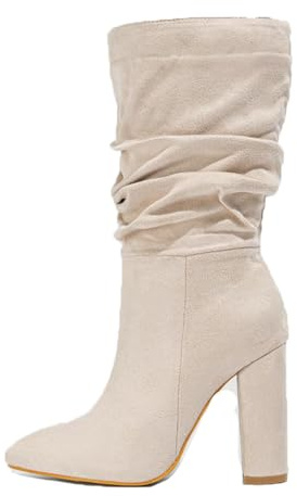 WOkismD Bottes Hautes au Genou pour Femmes avec Talon épais et Bout Pointu en Daim à Enfiler, Bottes Longues à Mollet Large, Chaussures de soirée Tendance pour Rendez-Vous,Beige,35
