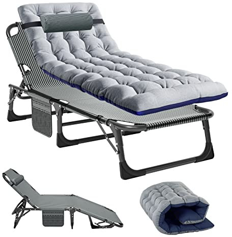 Ryuhic Chaise longue de jardin pliable avec matelas - Charge maximale : 200 kg - Avec poche latérale et appuie-tête - Dossier réglable - Pour balcon, jardin, plage
