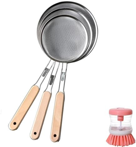 Tamiz de harina de acero inoxidable, juego de 3 tamices de harina de acero inoxidable, colador de cocina de 13/15.5/6.9 pulgadas, tamiz de malla fina con mango de madera grueso antideslizante