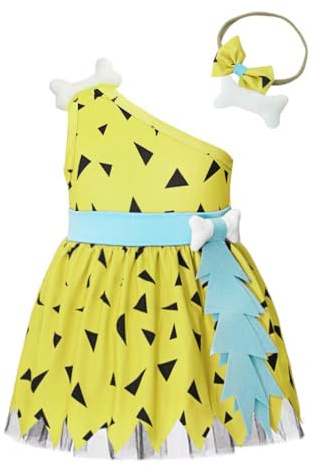 Lito Angels Flintstone Pebbles Fancy Dress Up Costume with Headband for Infant Baby and Little Girls, Orange Green