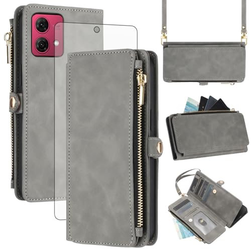 Asuwish Funda para Motorola Moto G84 5G funda con banda y lámina protectora de pantalla RFID Tarjetero plegable cuero flores monedero soporte G 84 84G XT2347-2 Wallet Fundas Funda Phone Case Gris