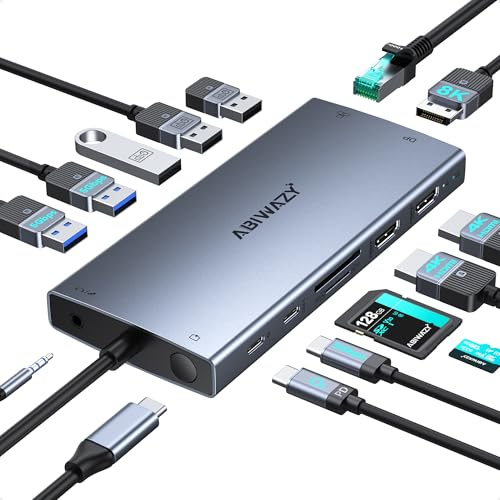 USB C Laptop Docking Station Dual Monitor for Dell XPS/HP/Lenovo/Surface, 15 in 1 USB C Hub 3 Monitor Adapter Dock with 8K DisplayPort, 2 HDMI 4K@60Hz, 6 USB A/C, 100W PD, Ethernet, SD/MicroSD