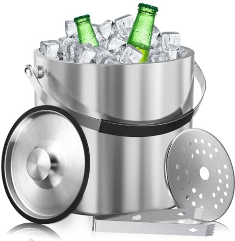 Hengrongshen 2L Eisbehälter, Edelstahl Eiskübel Doppelwandiger, Eiswürfelbehälter mit Deckel und Zange, Eisbehälter für Aufbewahrung von EIS, Eisgetränke und Obst