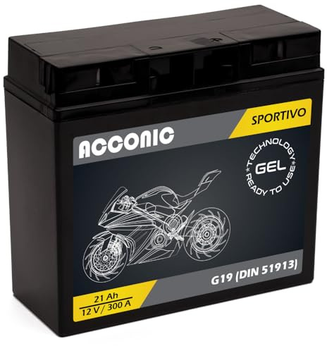 Acconic Sportivo GEL G19 Gel12-19 12N19AH Motorradbatterie 12V 21Ah 300A DIN 51913 Maße: 181 x 77 x 167 mm wartungsfrei, & auslaufsicher