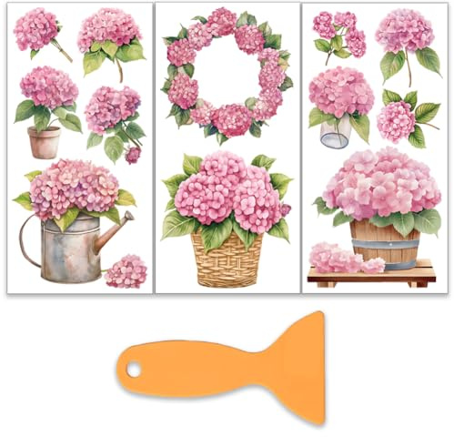OLYCRAFT 3 pz/Set Ortensia Rosa Trasferimenti per Artigianato 15x30cm Fiori Mobili Decalcomanie Decor Adesivi Decorativi Trasferibili con 1 pz Raschietto per Casa Ufficio Legno Scrapbooking