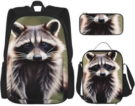 OXKGHHO Bonito juego de mochila de trabajo con estampado de mapache con lonchera aislada, correas ajustables, para gimnasio y uso diario, Negro -, Talla única