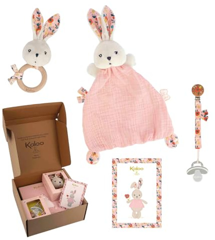 Kaloo - Baby Geschenkset zur Geburt - 3-teilig: Schmusetuch Hase 22 cm + Rassel + Schnullerhalter - Schöner Mohnblumen-Druck - ab der Geburt - K390043