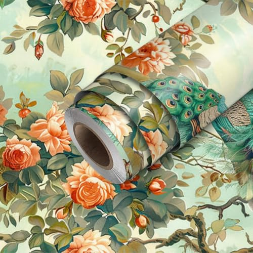 HOMETITUTE Peacock Wallpaper Peel and Stick Vintage Floral Contact Paper Wall Paper Stick 17.7 x 118.1 Self Adhesive Vinyl Wall Covering for Bedroom Entryway Accent Decor