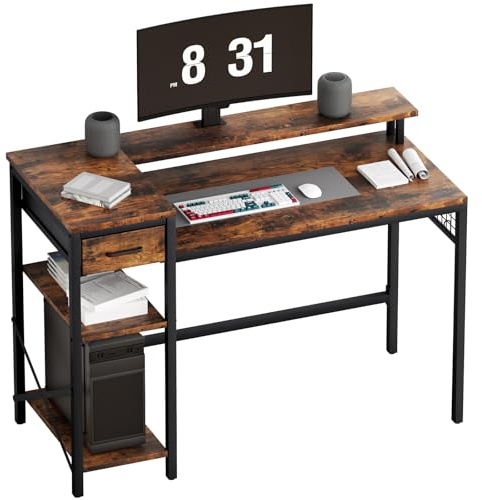 Oak & Tea Gaming Desk 120x52 cm - Computer & Office Desk with Drawers, Standing Desk with Monitor Stand & Storage Shelves for Study, Gaming, Work - Black Home Office Desk