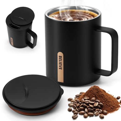 Miawtro Thermobecher 400 ml aus 316 Edelstahl mit Henkel, Schwarz | Kaffeebecher to Go mit Schiebedeckel, ideal für Kaffee, Tee, Camping, Büro und Reisen, BPA-frei