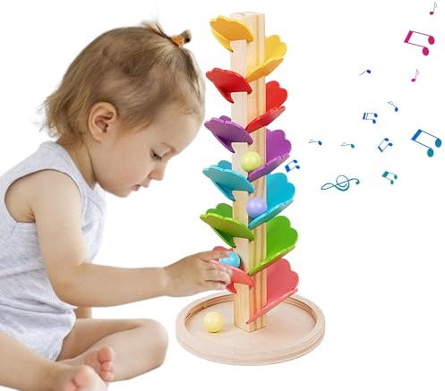 Regenbogen Kugelturm, Hölzerner Musikbaum 6.22x6.22x13,31 Zoll Holz-kugelbahn Klangbaum Regenbogen Kugel Singender Baum Spielzeug Mit 4 Murmeln, Rollbahnspiel, Kreatives Ball Marmor Ball Run Bahnspiel