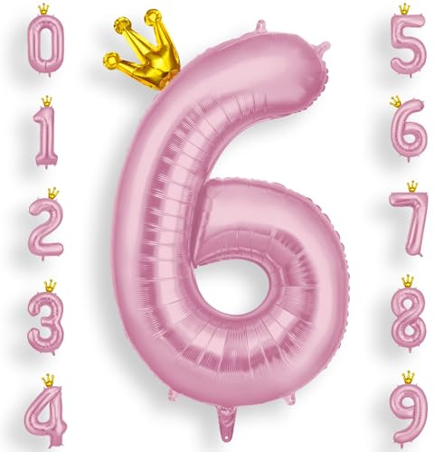 AOOSU Crown Pink Helium Balloons, 40 Inches Number Balloons 6, Foil Birthday Balloon for Birthday Anniversary Wedding Party Decorations Celebration Supplies for Girls Women Men Boys