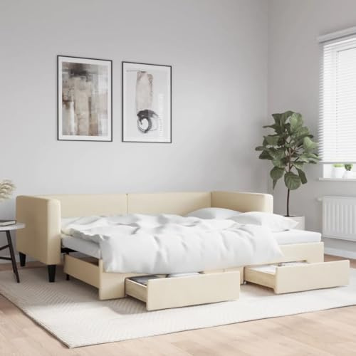 Hommdiy 2 in1-Bettsofa Tagesbett Ausziehbar Schlafsofa Gästebett für Schlafzimmer Wohnzimmer Ausziehbar mit Schubladen Creme 90x200 cm Stoff