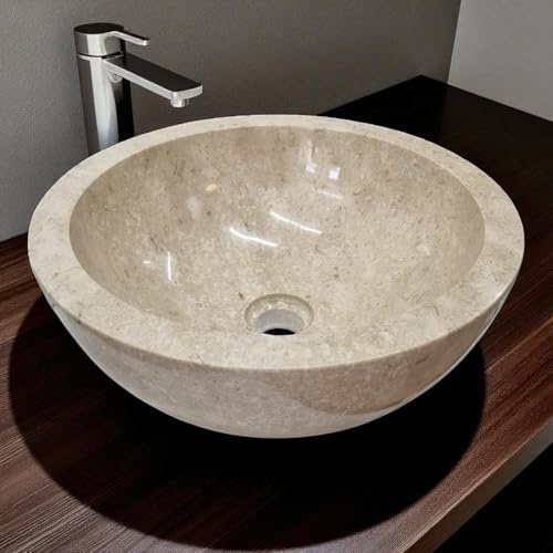 Rundes Marmor Waschbecken Ø 40 cm – Naturstein Aufsatzwaschbecken für Bad & Gäste-WC – Handgefertigt in Indonesien – Stein Waschschale aus massivem Marmor – Unikat von Kinaree