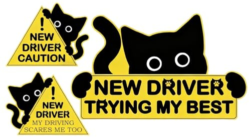 Générique New Driver Warning, Cat Car Decal, 3 Pieces Auto Sticker with High Visibility, Weatherproof Vinyl Material, Vehicle Safety Accessory, Road Awareness for Cars SUVs Trucks Van