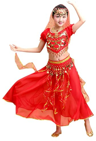 Costume Principessa Araba Bambina Vestito da Danza del Ventre per Bambina con Copricapo Collana Vestiti da Ballo Ragazzina Costumi di Carnevale Halloween Ragazzina Dance Gonna Frange Ragazze #0305Y