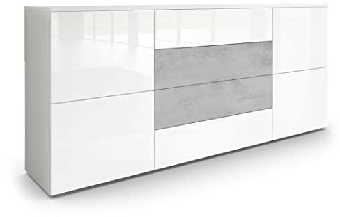 Vladon Sideboard Rova, Made in Germany, Kommode mit 4 Türen und 4 Schubladen, Weiß matt/Weiß Hochglanz/Beton Oxid Optik (166 x 72 x 35 cm)
