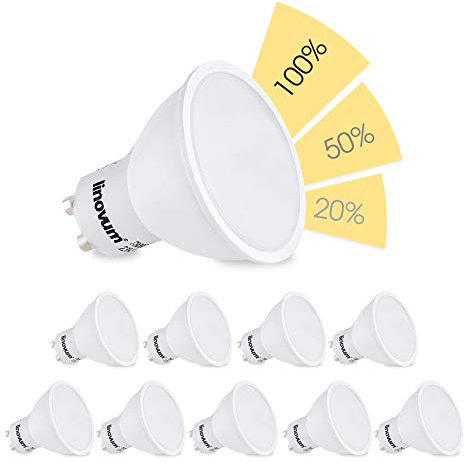 linovum 10 Stück fourSTEP Dim GU10 LED Lampe dimmbar mit 4-Schritt Dimmung, dimmbar ohne Dimmer mit jedem Lichtschalter 5W Lichtfarbe warmweiß