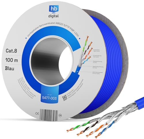 hb-digital 100m CAT 8 Netzwerkkabel LAN Kabel Verlegekabel Ethernet Installationskabel 40 Gbit/s AWG 22/1 reines Kupfer S/FTP LSZH BauPVO Klasse B2ca Datenkabel Simplex - Blau