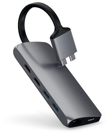 SATECHI Dual Multimedia USB-C Hub aus Aluminium mit Zwei 4K HDMI-Anschlüssen, 60W PD Ladefunktion, Gigabit Ethernet, USB 3.0, SD-/MicroSD, für MacBook Air & Pro M5, M4 bis M1 – Space Grau