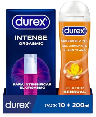 Durex Pack Gel Lubricante Massage Sensual 200ml + Gel Intense Orgasmic 10 ml, Pack Ahorro