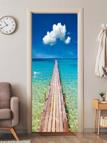 FLFK 3D Hölzerner Pier der Küste Wohnzimmer Türtapete Wandbilder Selbstklebend Tür Poster Vinyl Entfernbar Mauer Aufkleber Zuhause Dekor 77x200CM