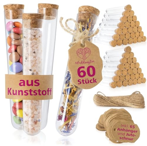 WeddingTree 60 x test tubes 18 x 105 mm - 20 ml - With cork, jute string and pendant - As a wedding gift wedding decoration spice glasses