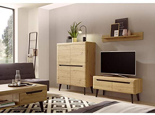 Lomadox Kleine TV Media Wohnwand Eiche Artisan mit schwarz, Massivholzfüße, Skandinavisches Design, Highboard, TV-Lowboard und Wandregal
