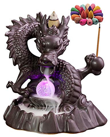 Porte-encens Brûleur D'encens en Céramique Brûle-encens à Refoulement Home Dragon Porte-encens avec 20 cônes d'encens pour Maison Bureau Chambre à Coucher Yoga (Brûle-encens à Refoulement)