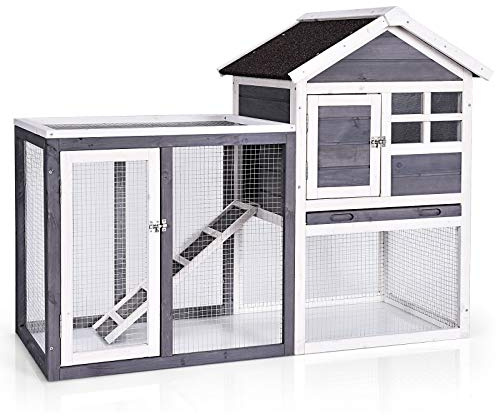 Tangkula Rabbit Hutch, Indoor Outdoor Bunny Cage with Run, Wooden Rabbit Cage with Waterproof Roof & Pull Out Tray, Chicken Coop Pet House for Rabbits, Chicken and Guinea Pigs (Gray)