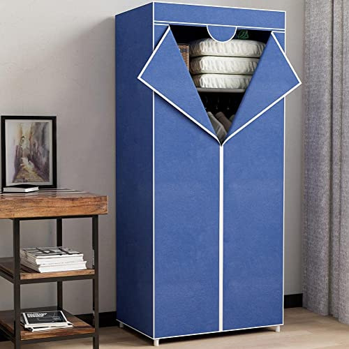 BAKAJI Kleiderschrank mit Rohrrahmen aus Metall, Bezug aus TNT-Stoff, doppelter Reißverschluss und Kleiderstange für Camping, Stoffschrank mit Kleiderstange, Größe 75 x 50 x 160 cm, (Blau)