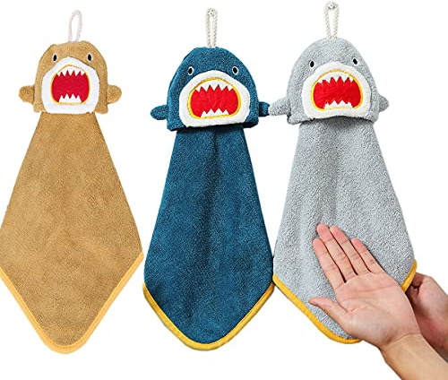 3 toallas de mano de tiburón de dibujos animados con lazo para colgar – Linda toalla de mano para niños, absorbente y suave toalla de cocina para niños, adultos (amarillo, azul, gris)