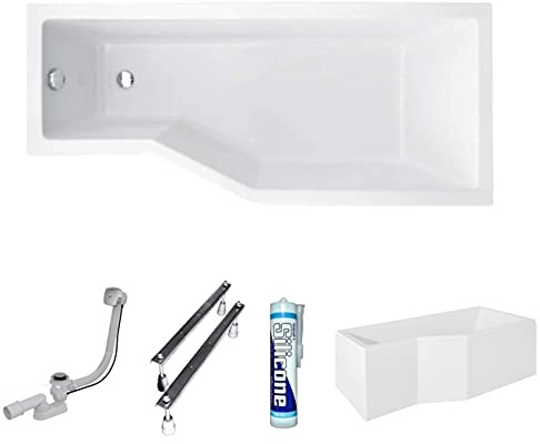 ECOLAM Badewanne Eckbadewanne Integra Acryl weiß 170x75 cm RECHTS + Schürze Ablaufgarnitur Ab- und Überlauf Automatik Füße Silikon raumsparend