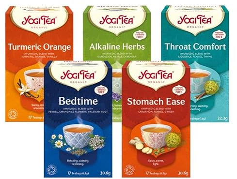 Yogi Teas 5 x 17 Bags Mixed Case Selection,Alkaline Herbs,Turmeric Orange,Throat Comfort,Bedtime,Stomach Ease Herbal Tea, Naturally Caffeine Free Tea