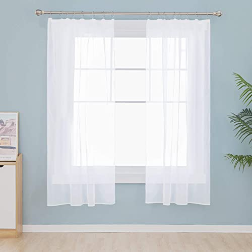 Deconovo Vorhang Voile Vorhangschals mit Kräuselband für Schiene Transparent Wohnzimmer, Weiß, 145x140 cm(HöhexBreite), 2er Set