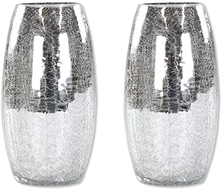 Crackle Glas 9,5 x 17cm hoch Silber bauchig Tisch-Deko Trockengesteck-Vase (2 Stück)