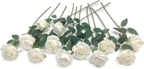 Laelfe 12 Pcs Artificial White Roses, 53 cm Long Stem | Realistic Faux Silk Rose Fake Flowers for Wedding Bridal Bouquet Party Table Centerpiece Home Office Decors