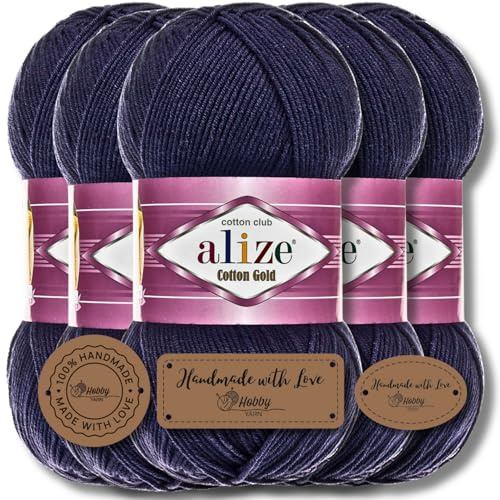 Hobby YARN 3x Etikettenlabel mit Alize Cotton Gold Wolle Premium 5x100g als Set, Yarn, Garn, Sommerwolle, Baumwolle, Strickgarn, Einfarbig, Baby, Kleidung, Schals (Navy - 58)