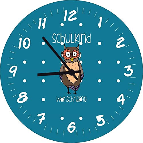 Shirtinstyle Kinderzimmeruhr Schulkind mit Tiermotiv Eule mit Wunschnamen Geschenk Uhr Kinder Handmade Wanduhr Wunschtext Name, 29cm, Farbe Darkblue