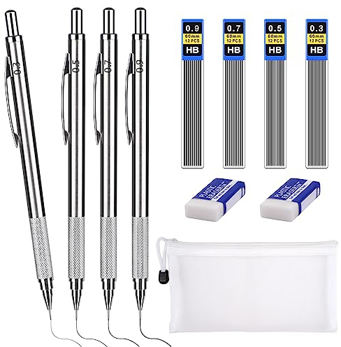 Druckbleistift 0,3/0,5/0,7/0.9 mm, Bleistiftmine HB Mienenbleistift,Silber | 4 Tuben (48 Stück)Mine, 4Pcs Mechanical Pencil und 2 Stück Radiergummi, für Skizzieren Zeichnen Schreiben und Hausaufgaben