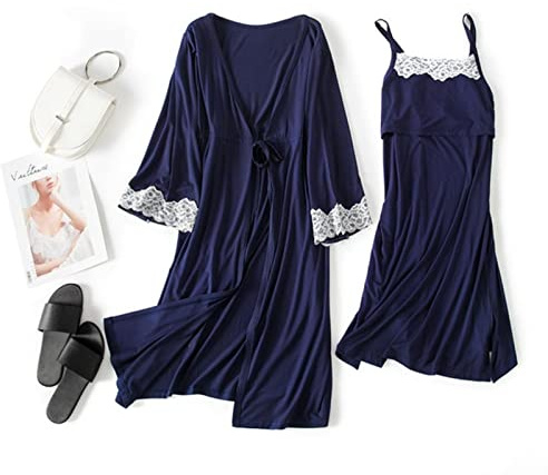 PIYAX Mujer Embarazada Ropa de Dormir Lactancia Embarazo Pijamas Sling camisón de Lactancia Maternidad Vestido de Trabajo + Bata de Parto
