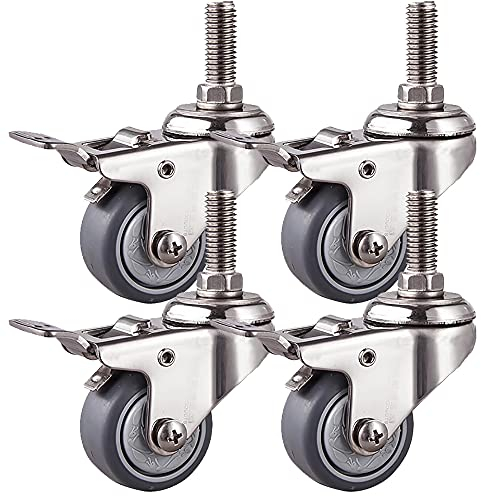 Lenkrollen, 2-Zoll-Lenkrollen, 4er-Set, Gummi, Hochleistungsrolle mit Bremse, Lenkrolle mit Gewindeschaft für Wagen, Möbel, Tragfähigkeit 150 kg (M10 x 30 mm)